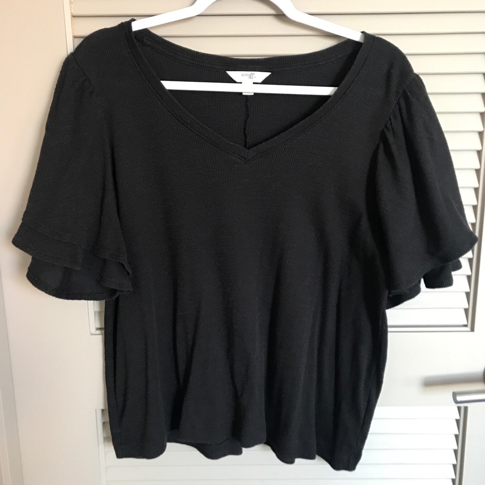 Black Flutter and Ruffle Sleeve Blouse Relaxed Fit Plus Size 14W